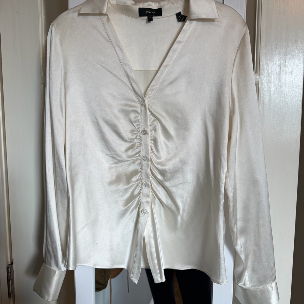 Theory Women's Ivory Satin Ruched Blouse